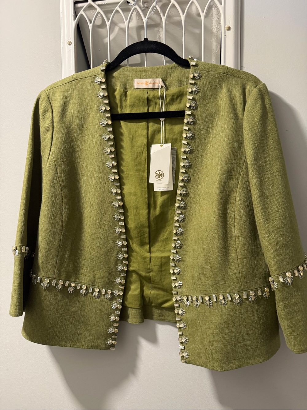 NWT Tory Burch Light Olive Green Beaded Open-Front Jacket, Sz 10